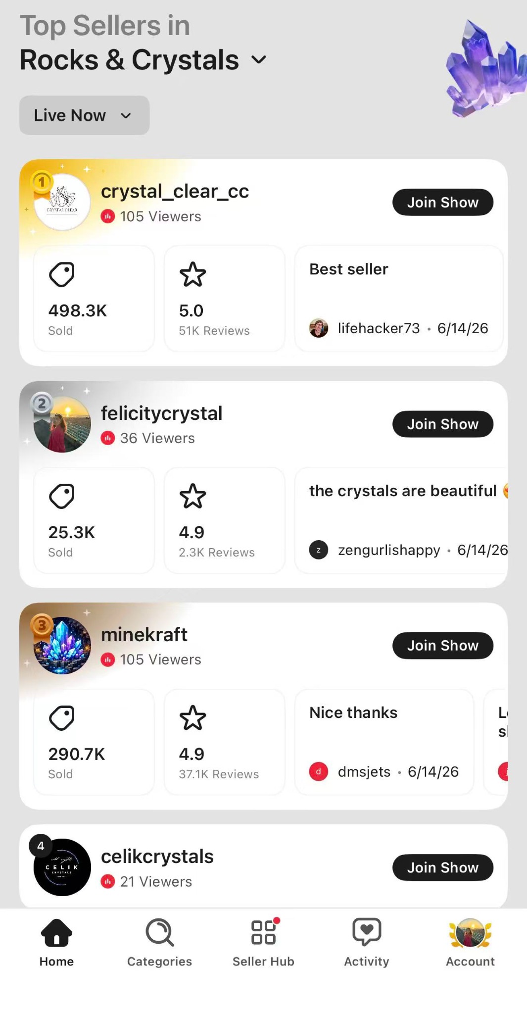 Felicity Crystal ranked among top Whatnot sellers in Rocks and Crystals